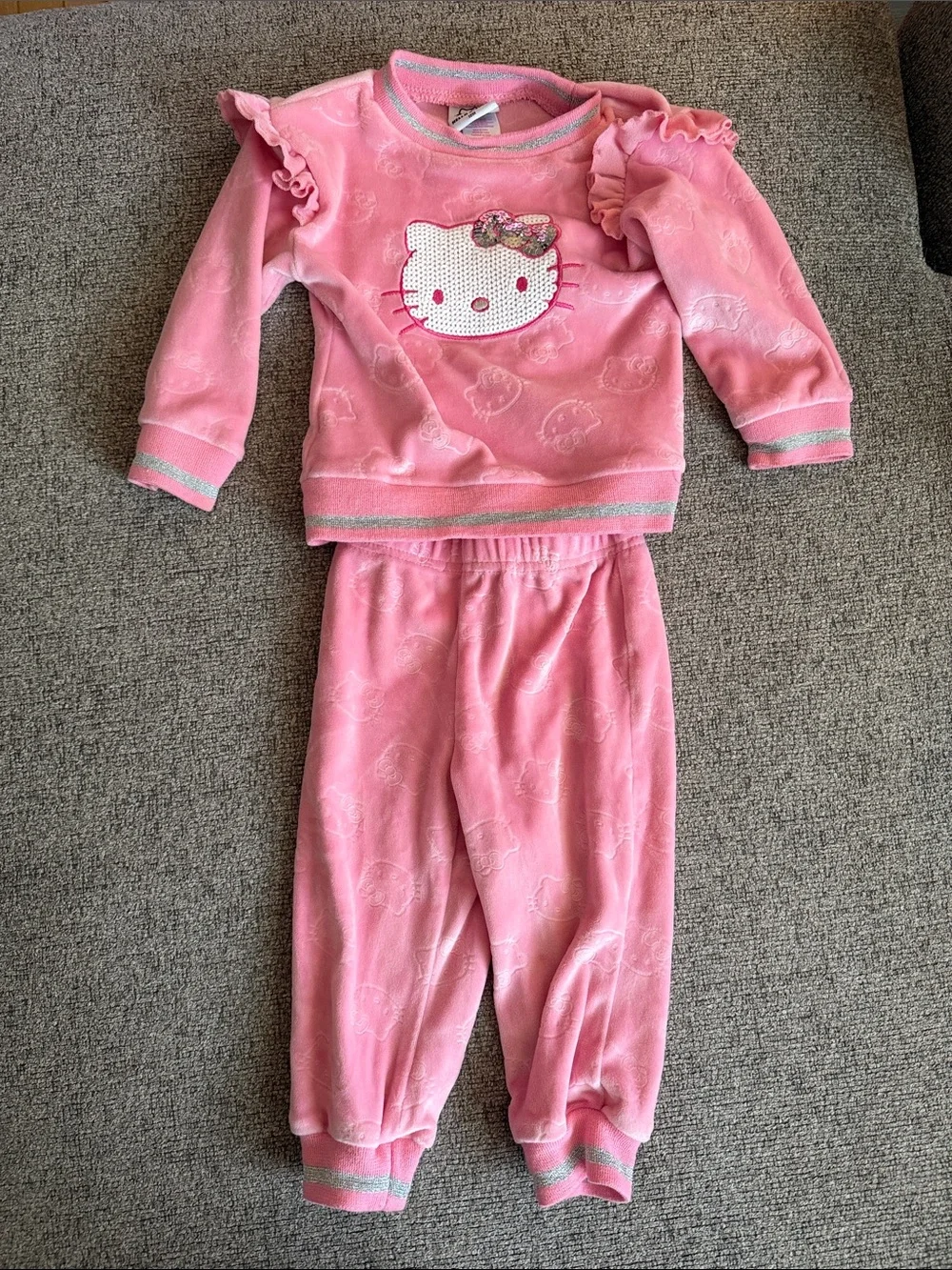 Hello Kitty Pink Velour Two-Piece Super Soft Set with Ruffle Shoulders